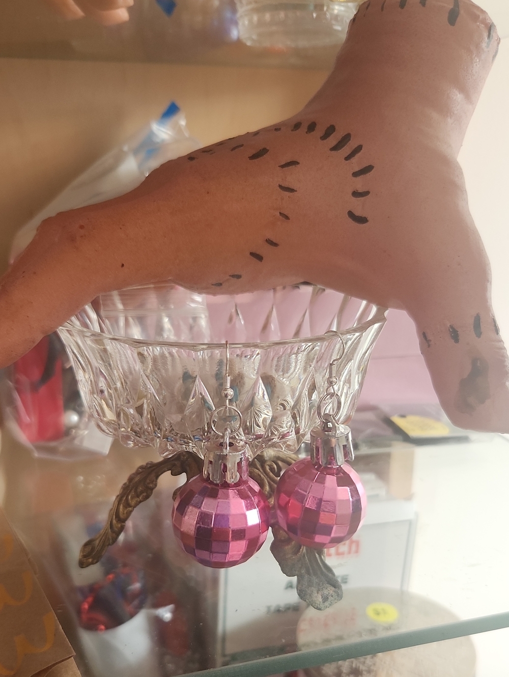 Pink Shiny Disco Ball Drop Earrings